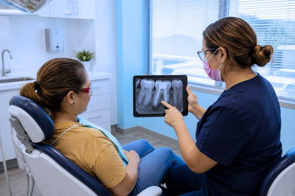 Doctora explicando una radiografía dental para retratamiento de endodoncia
