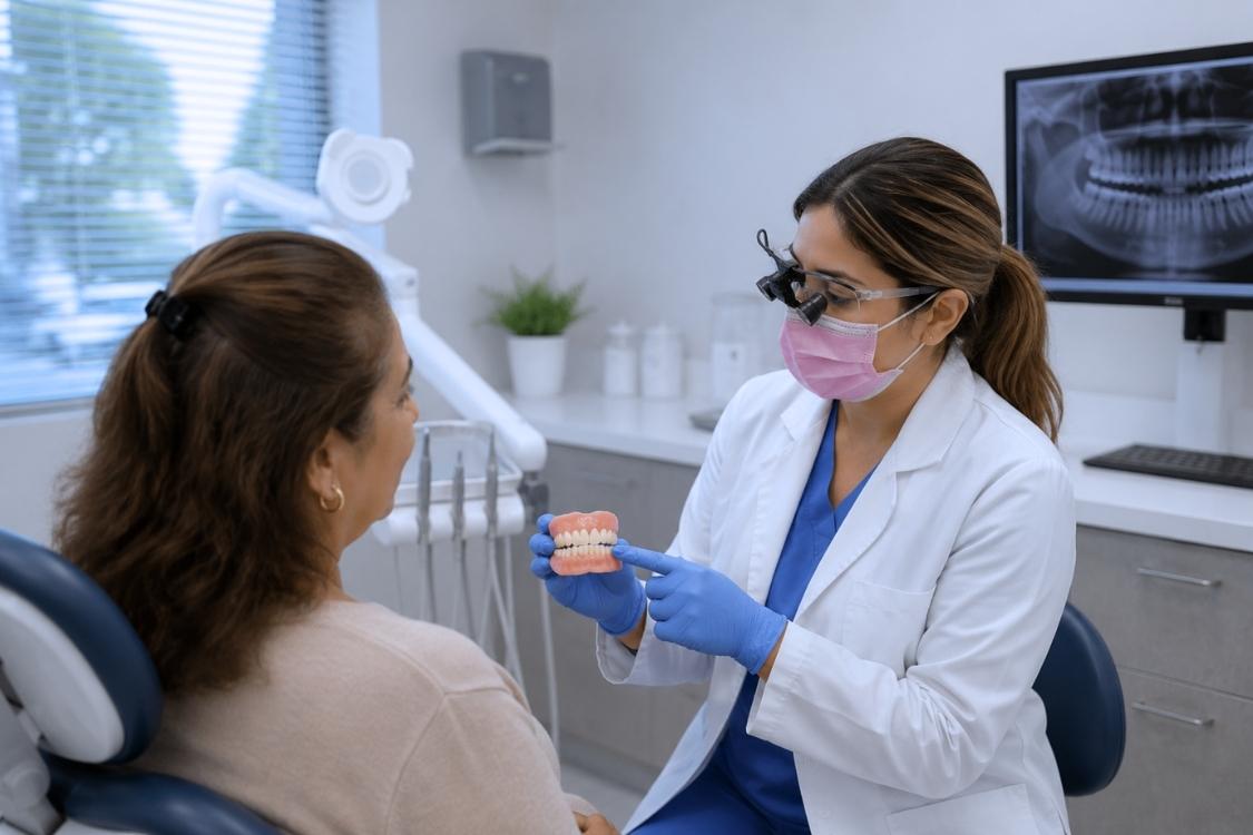 Dentist explaining complete and partial denture options to a patient at Top Dental
