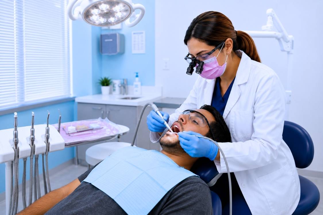 Dentist performing root canal treatment on a relaxed patient at Top Dental